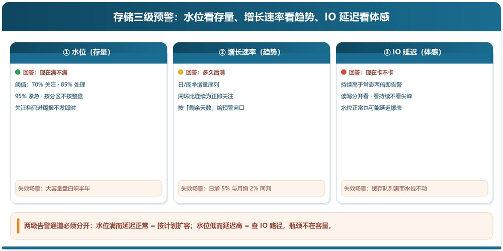 存储三级预警:水位、增长速率、IO 延迟的阈值与验收动作 存储三级预警:水位、增长速率、IO 延迟的阈值与验收动作