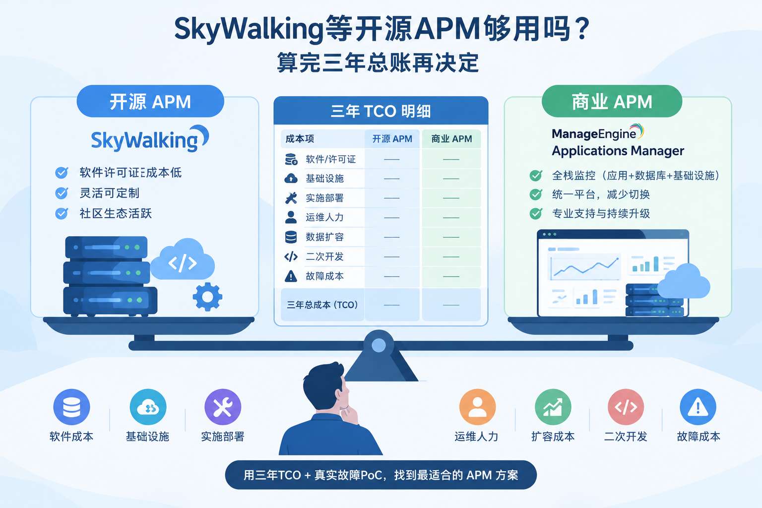 三年TCO对比图 SkyWalking等开源APM够用吗?算完三年总账再决定