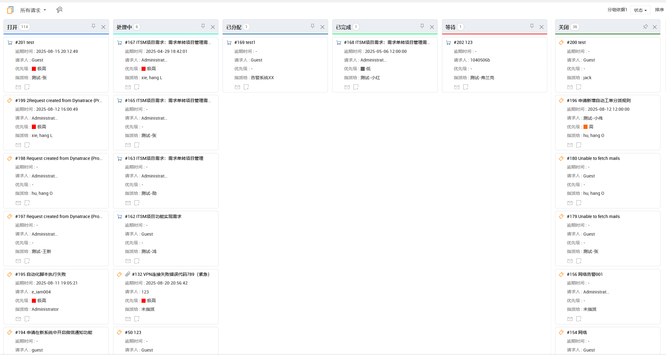 ServiceDesk Plus按状态展示的请求看板